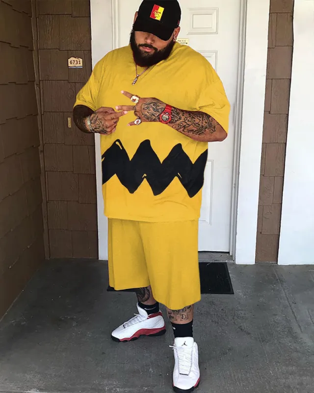Big & Tall Men's Yellow Black Wave Print Round Neck Short Sleeve T-Shirt Shorts Set made by Biggmans