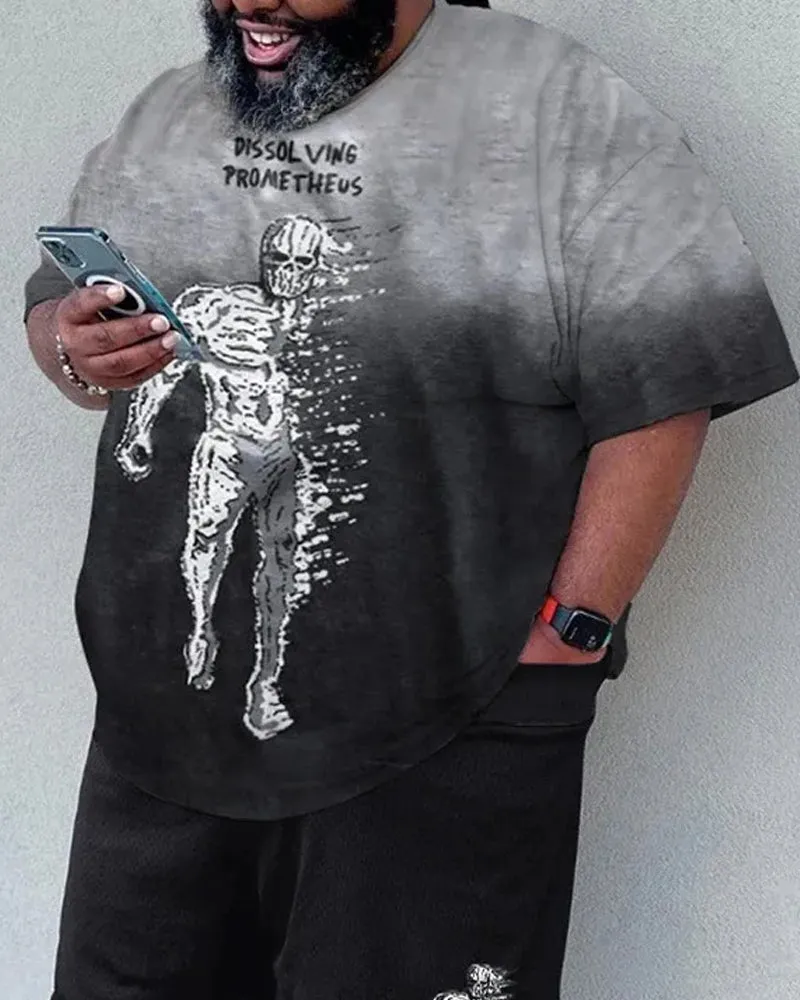 Big & Tall Men's Gray-black Gradient Skull Print Round Neck Short Sleeve T-shirt Shorts Set sold by Biggmans product image thumbnail 2