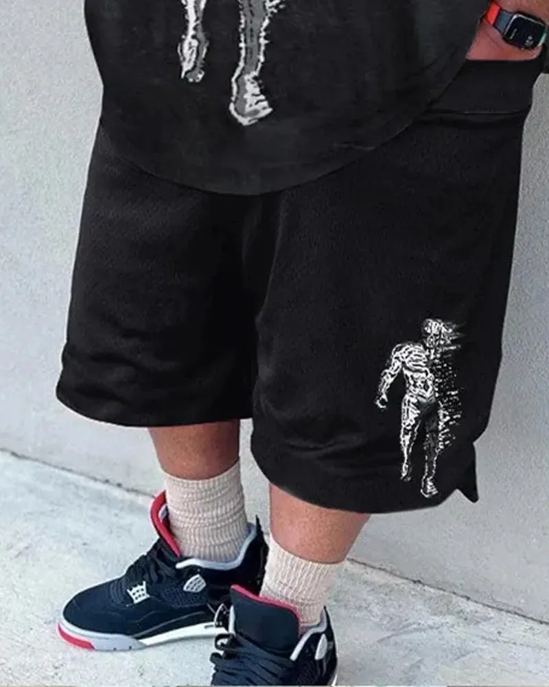 Big & Tall Men's Gray-black Gradient Skull Print Round Neck Short Sleeve T-shirt Shorts Set sold by Biggmans product image thumbnail 3