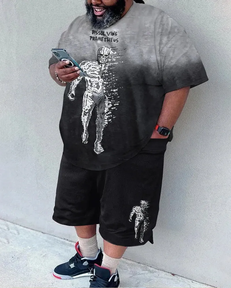 Big & Tall Men's Gray-black Gradient Skull Print Round Neck Short Sleeve T-shirt Shorts Set sold by Biggmans