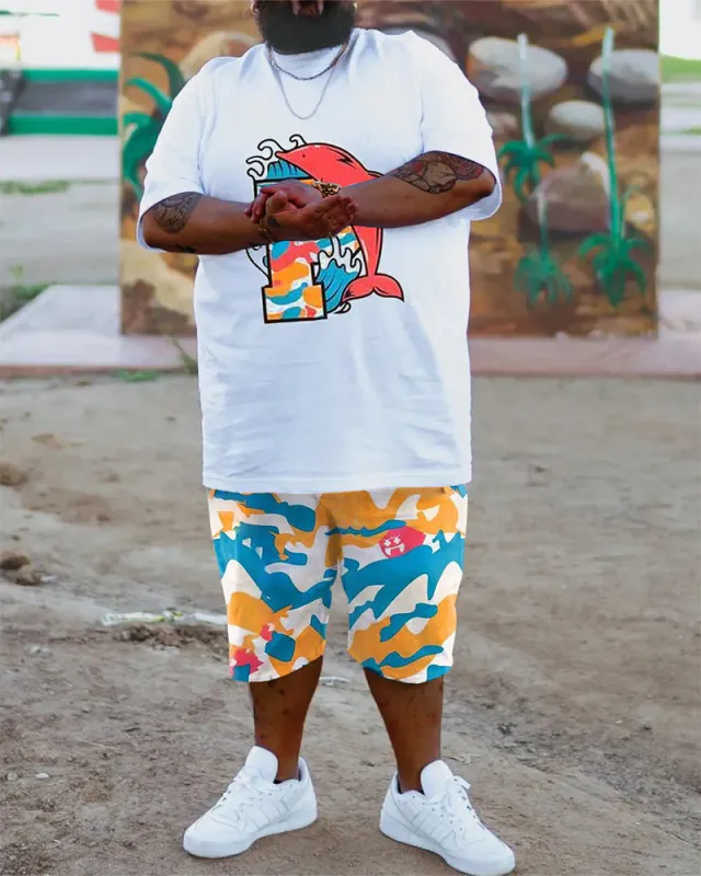 Big & Tall Men's White Camouflage Dolphin Print Round Neck Short Sleeve T-Shirt Shorts Set made by Biggmans
