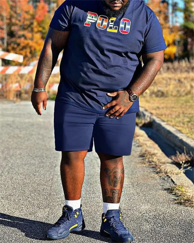 Big & Tall Men's Letter Color Striped Color-matching Printed Crewneck Short-sleeve T-shirt Shorts Set made by Biggmans