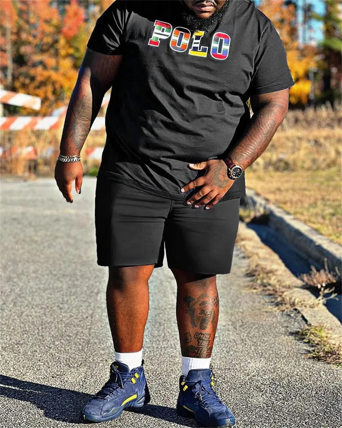 Big & Tall Men's Letter Color Striped Color-matching Printed Crewneck Short-sleeve T-shirt Shorts Set sold by Biggmans product image thumbnail 2