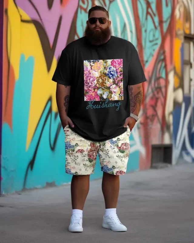 Big & Tall Men's Vintage Floral Alphabet Print Round Neck Short Sleeve T-Shirt Shorts Set made by Biggmans