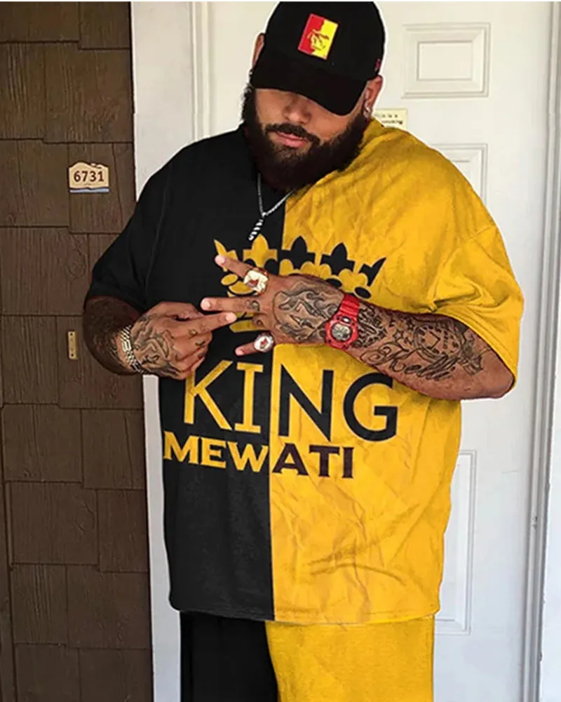 Big & Tall Men's Yellow And Black Stitching Letter Printed Round Neck Short Sleeve T-shirt Shorts Set sold by Biggmans product image thumbnail 2