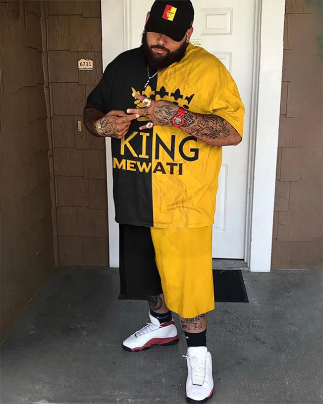 Big & Tall Men's Yellow And Black Stitching Letter Printed Round Neck Short Sleeve T-shirt Shorts Set made by Biggmans