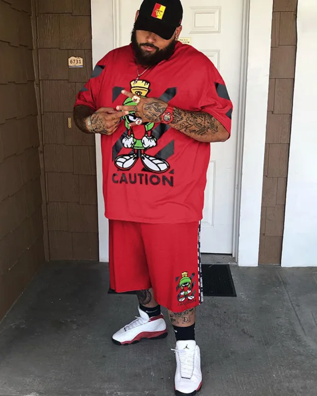 Big & Tall Men's Red Cartoon Character Letter Print Round Neck Short Sleeve T-Shirt Shorts Set made by Biggmans