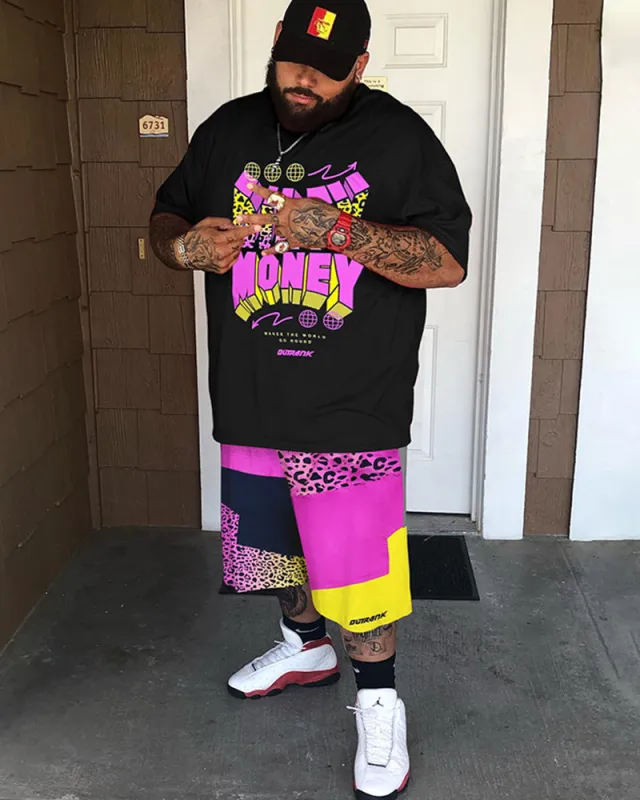 Big & Tall Men's Red Cartoon Character Letter Print Round Neck Short Sleeve T-Shirt Shorts Set made by Biggmans