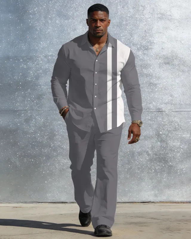 Men's Plus Size Casual Simple Party Dating White & Grey New Arrival Anti-Wrinkle Long Sleeve Shirt Trousers Business Casual Suit made by Biggmans
