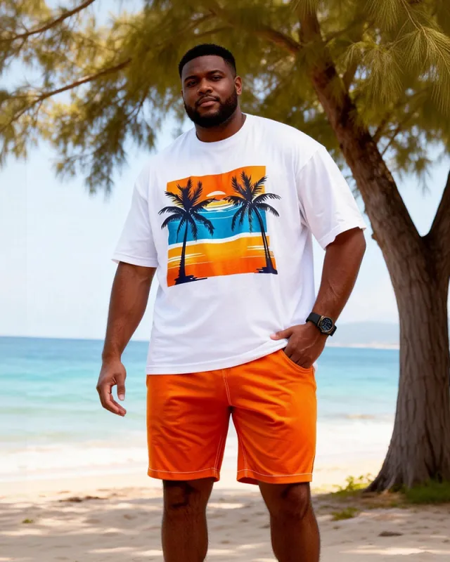 Big & Tall Men's Orange Blue Contrast Coconut Print Round Neck Short Sleeve T-Shirt Shorts Set made by Biggmans