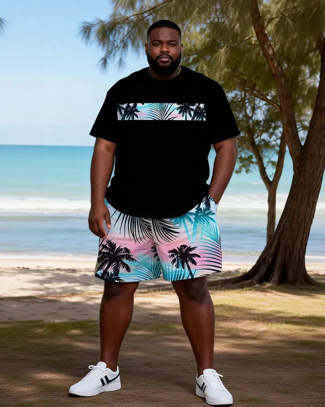 Big & Tall Men's Black Powder Gradient Coconut Printed Round Neck Short Sleeve T-shirt Shorts Set made by Biggmans