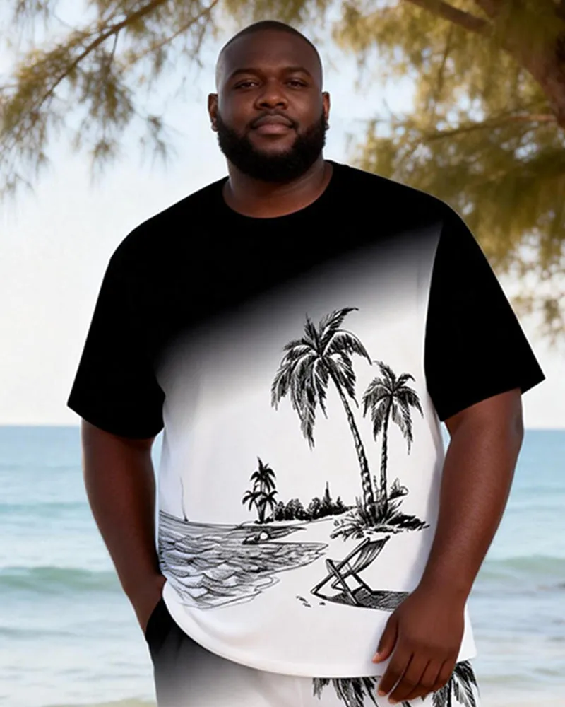 Big & Tall Men's Black And White Hand Painted Beach Printed Round Neck Short Sleeve T-Shirt Shorts Set sold by Biggmans product image thumbnail 3