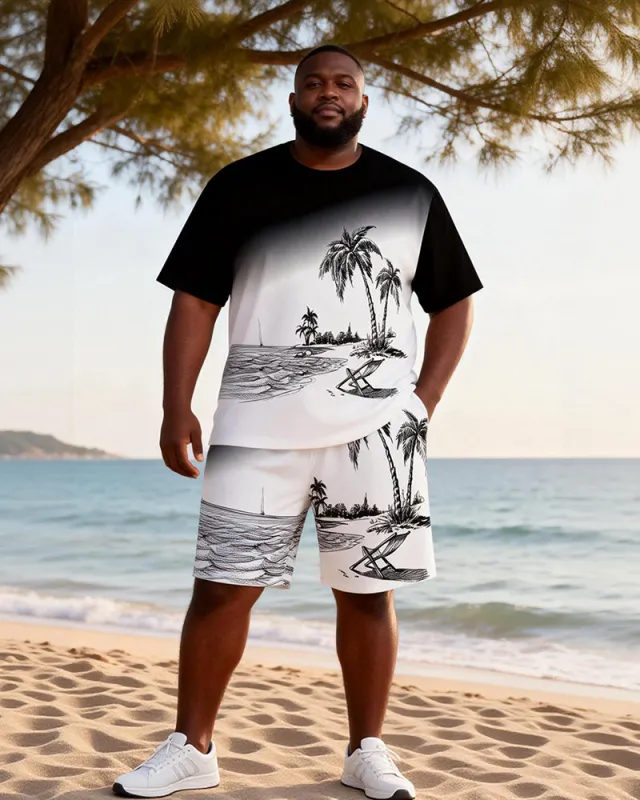 Big & Tall Men's Black And White Hand Painted Beach Printed Round Neck Short Sleeve T-Shirt Shorts Set made by Biggmans