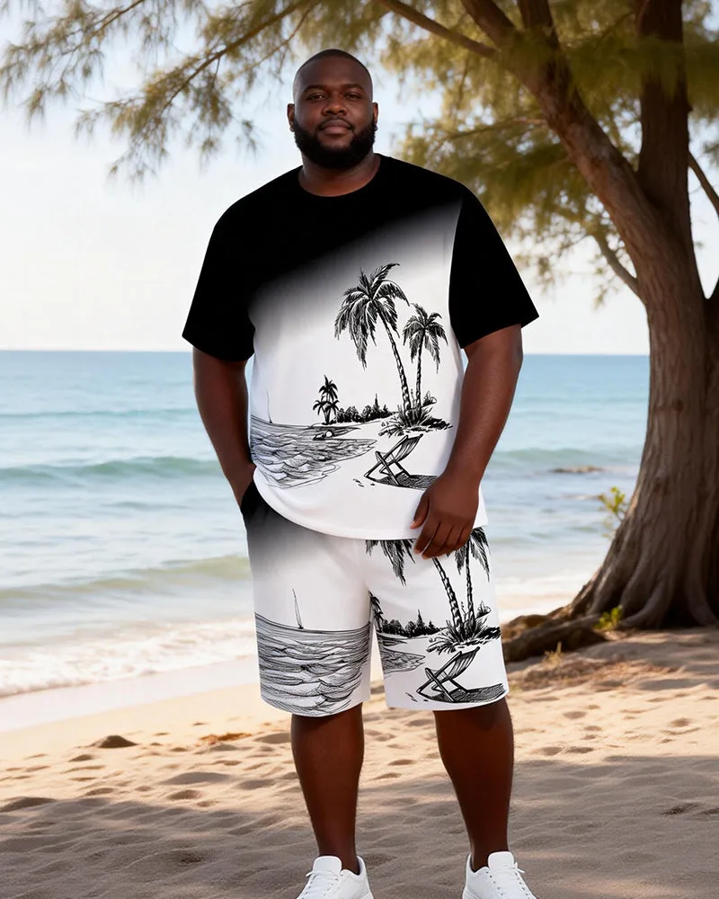 Big & Tall Men's Black And White Hand Painted Beach Printed Round Neck Short Sleeve T-Shirt Shorts Set sold by Biggmans product image thumbnail 2
