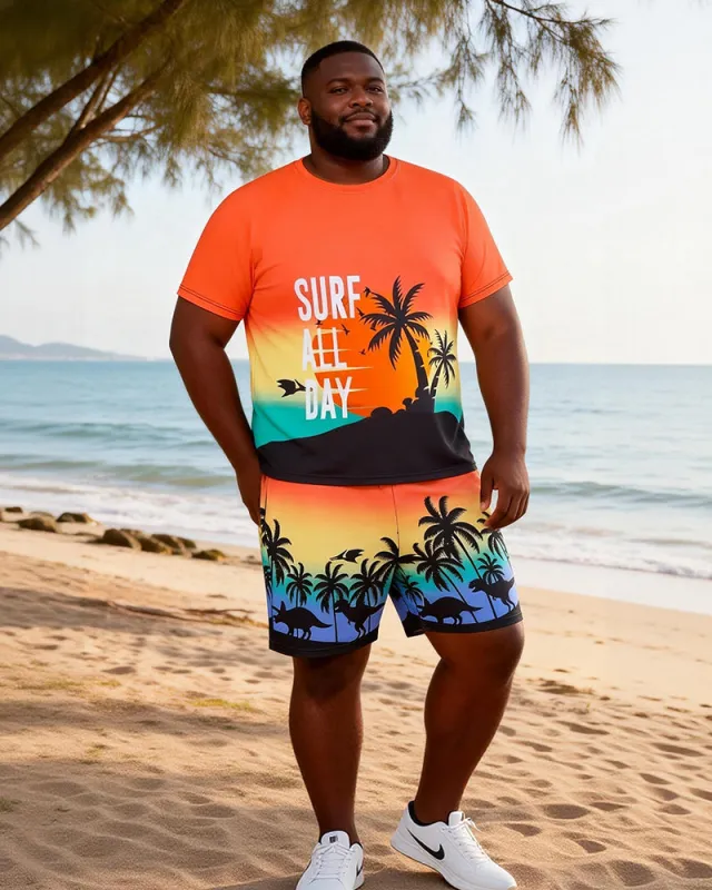 Big & Tall Men's Rainbow Coconut Tree Dinosaur Fun Printed Round Neck Short Sleeve T-Shirt Shorts Set made by Biggmans