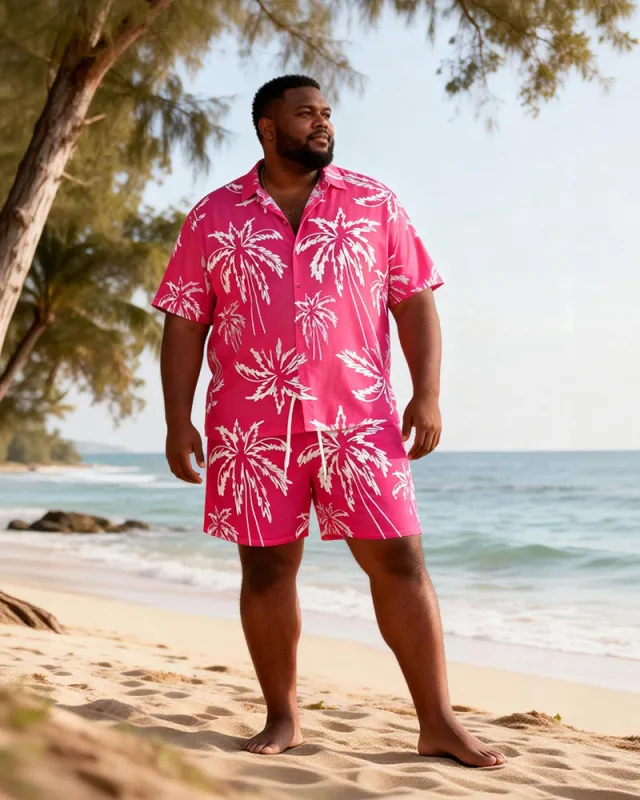 Big & Tall Men's Rose Red Coconut Printed Short Sleeve Shirt Shorts Set made by Biggmans