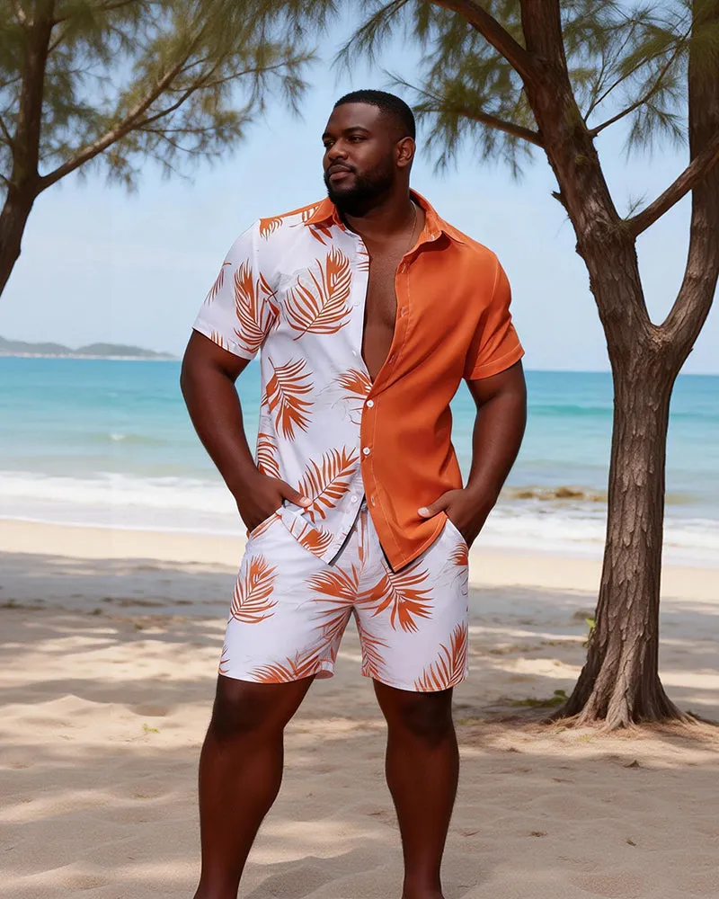 Big & Tall Men's Orange And White Palm Contrast Printed Short Sleeve Shirt Shorts Set sold by Biggmans