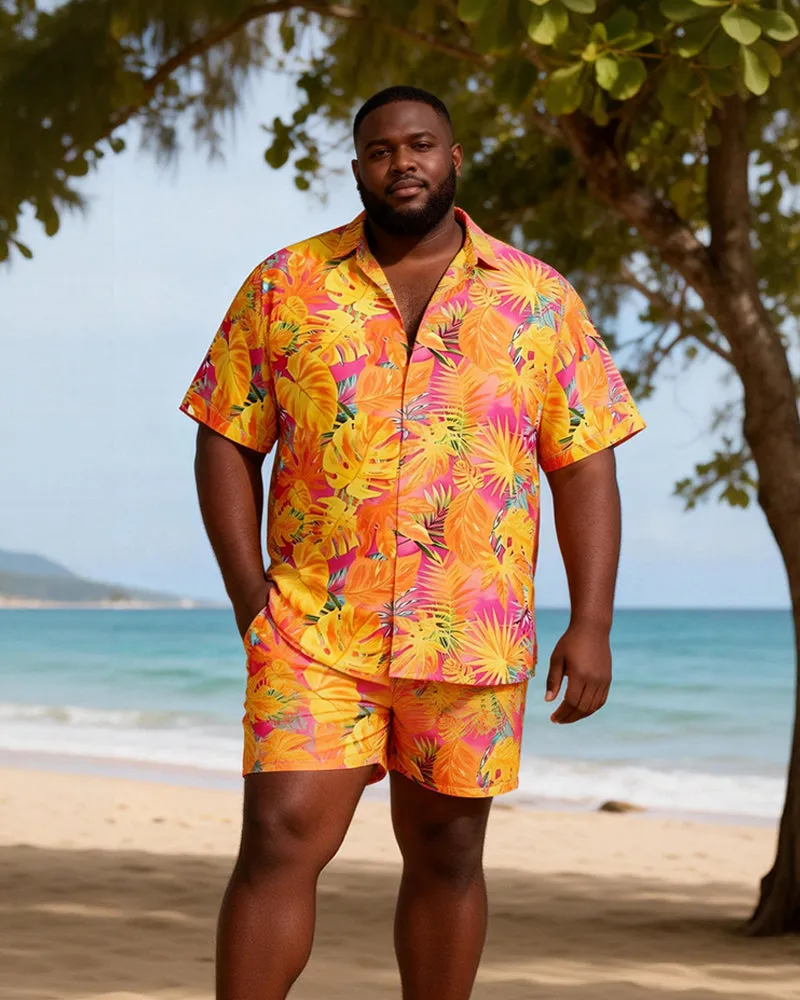 Big & Tall Men's Pink Orange Tropical Leaf Print Short Sleeve Shirt Shorts Set sold by Biggmans product image thumbnail 2