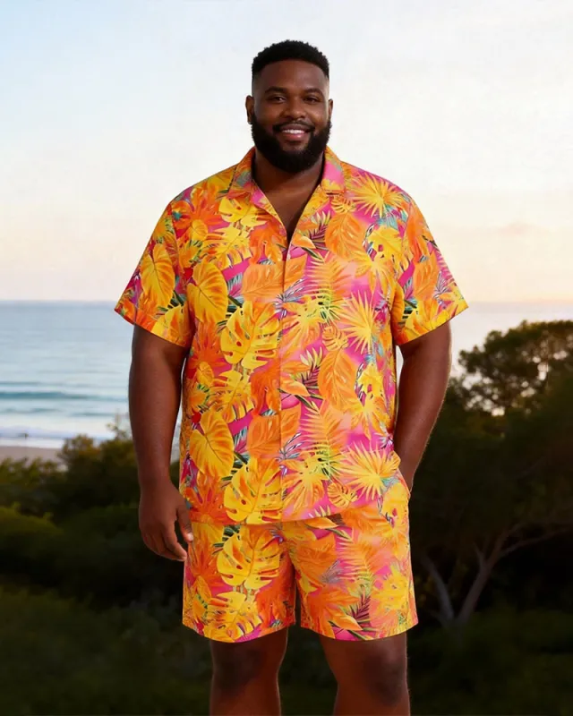 Big & Tall Men's Pink Orange Tropical Leaf Print Short Sleeve Shirt Shorts Set made by Biggmans