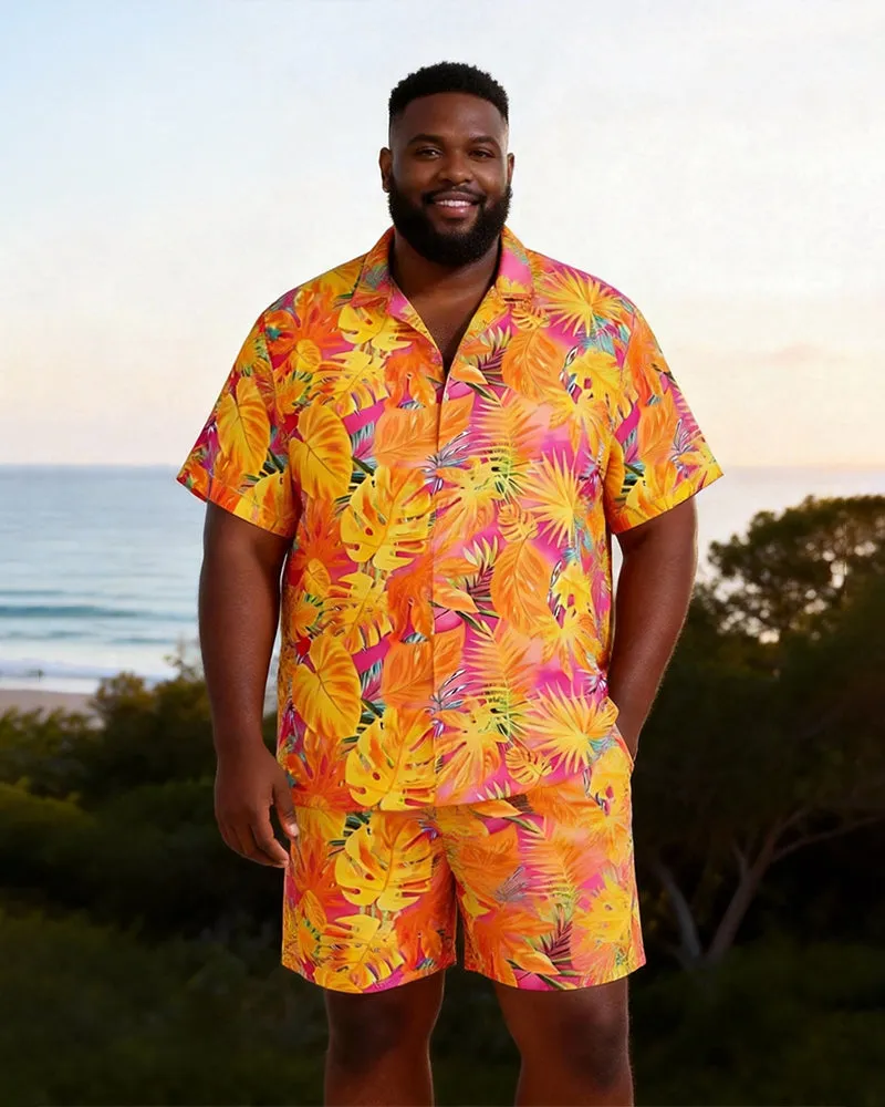 Big & Tall Men's Pink Orange Tropical Leaf Print Short Sleeve Shirt Shorts Set sold by Biggmans