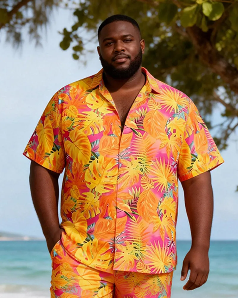 Big & Tall Men's Pink Orange Tropical Leaf Print Short Sleeve Shirt Shorts Set sold by Biggmans product image thumbnail 3