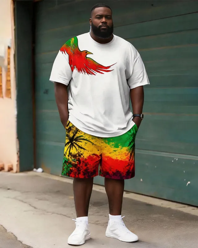 Big & Tall Men's Reggae Color Coconut Tree Print Round Neck Short Sleeve T-Shirt Shorts Set made by Biggmans