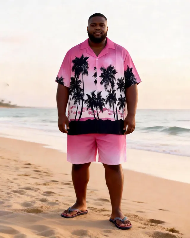 Big & Tall Men's Pink Black Gradient Coconut Printed Short Sleeve Shirt Shorts Set made by Biggmans