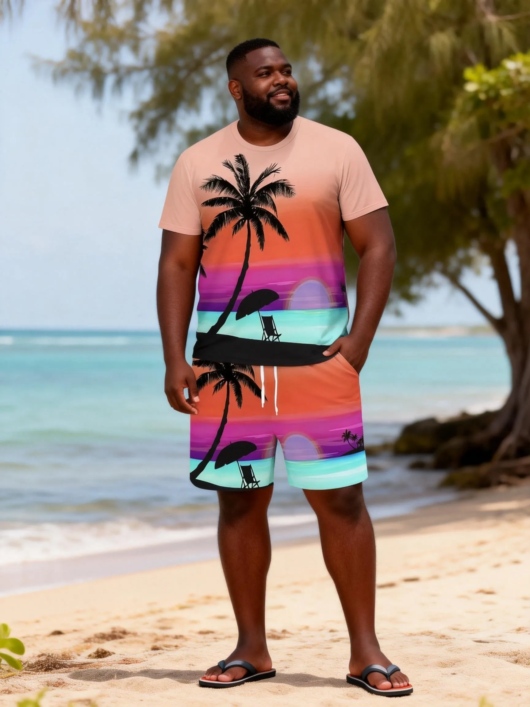 Big & Tall Men's Rainbow Sunset Coconut Print Round Neck Short Sleeve T-Shirt Shorts Set sold by Biggmans product image thumbnail 2