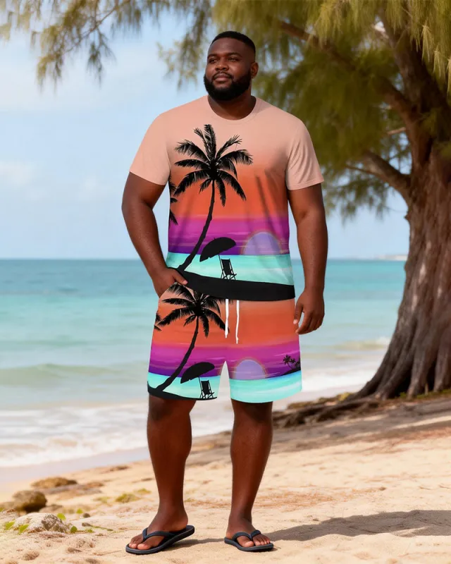 Big & Tall Men's Rainbow Sunset Coconut Print Round Neck Short Sleeve T-Shirt Shorts Set made by Biggmans