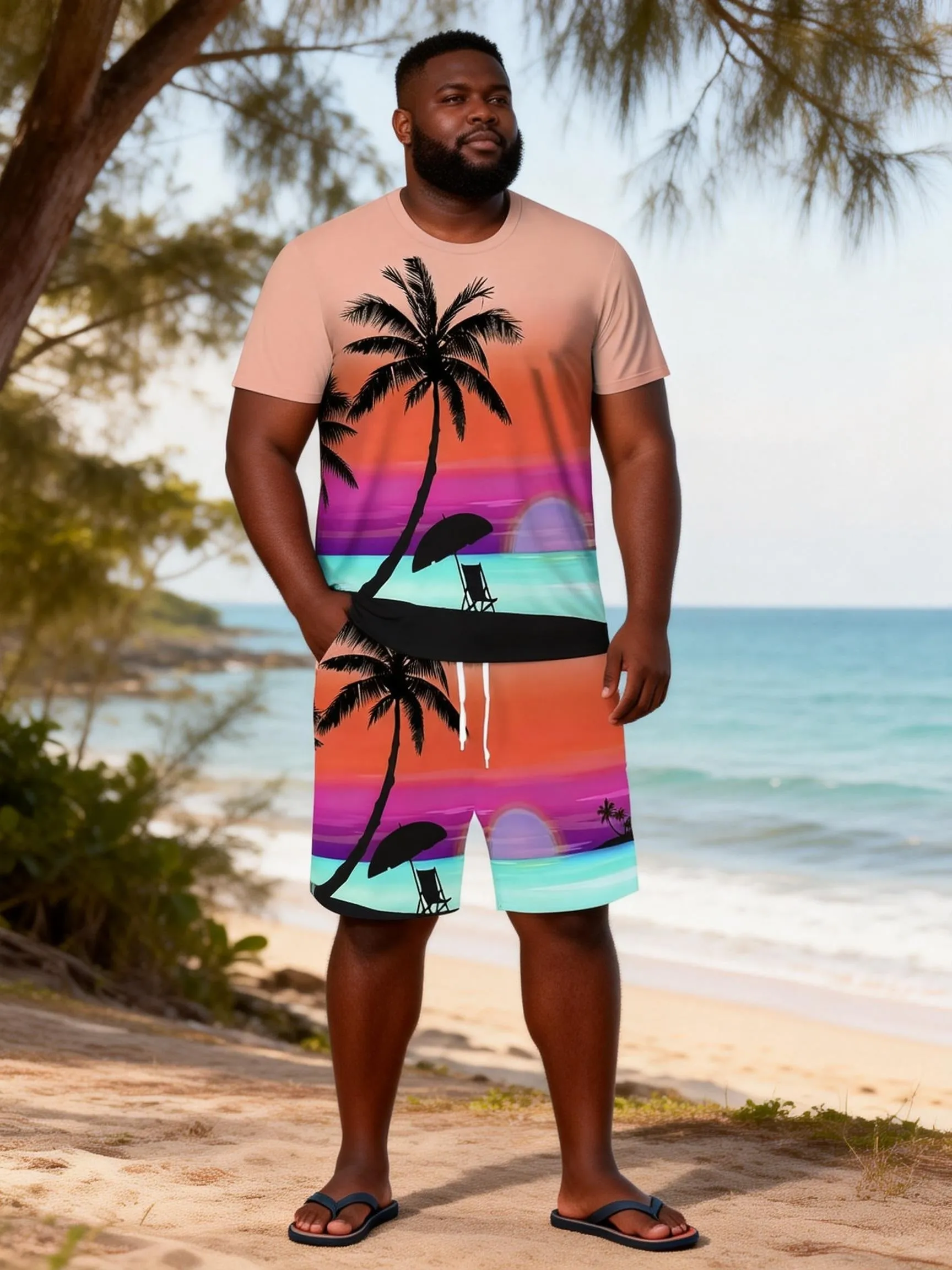Big & Tall Men's Rainbow Sunset Coconut Print Round Neck Short Sleeve T-Shirt Shorts Set sold by Biggmans product image thumbnail 5