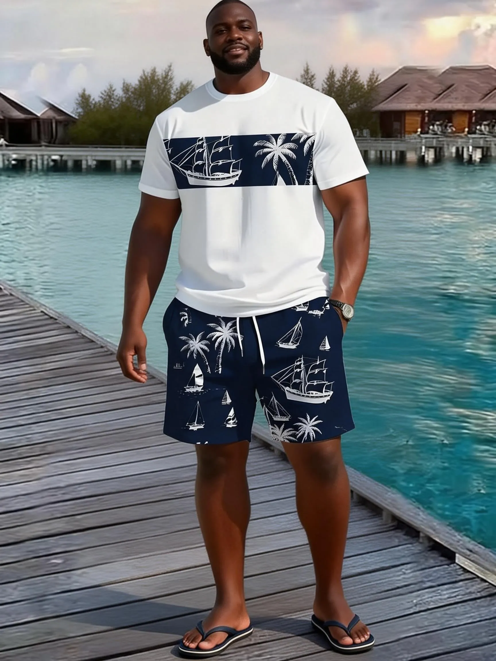 Big & Tall Men's Nautical Coconut Sailing Print Round Neck Short Sleeve T-Shirt Shorts Set sold by Biggmans product image thumbnail 5