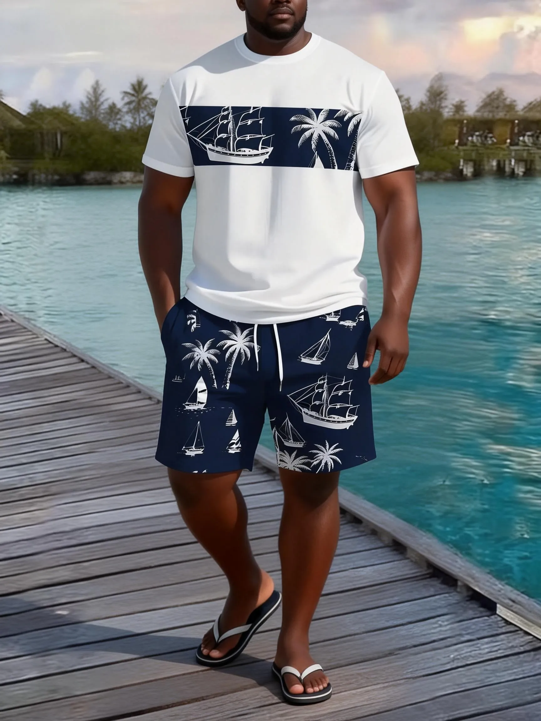 Big & Tall Men's Nautical Coconut Sailing Print Round Neck Short Sleeve T-Shirt Shorts Set sold by Biggmans product image thumbnail 2