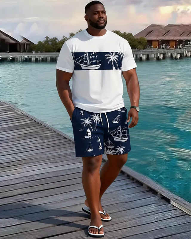 Big & Tall Men's Nautical Coconut Sailing Print Round Neck Short Sleeve T-Shirt Shorts Set made by Biggmans