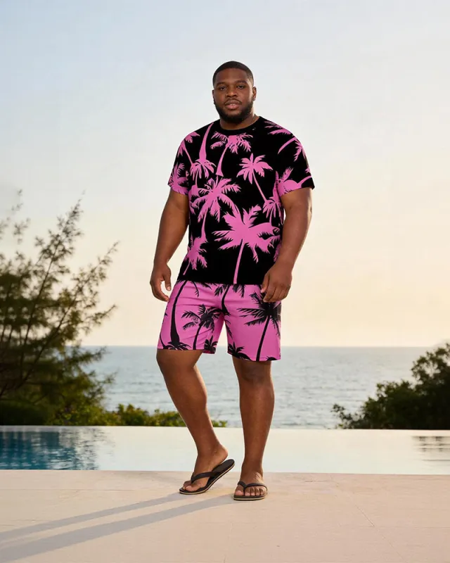 Big & Tall Men's Black Pink Contrast Coconut Print Round Neck Short Sleeve T-Shirt Shorts Set made by Biggmans