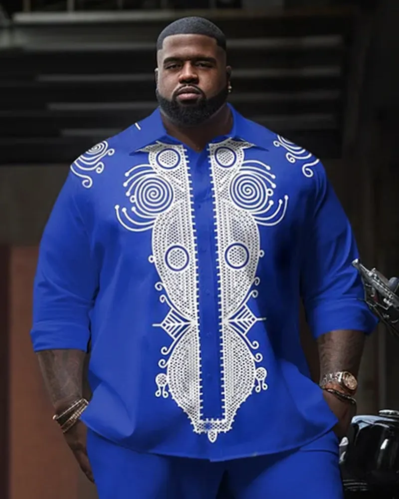 Big & Tall Men's Sapphire Blue African Totem Print Long Sleeve Shirt Trousers Set sold by Biggmans product image thumbnail 2