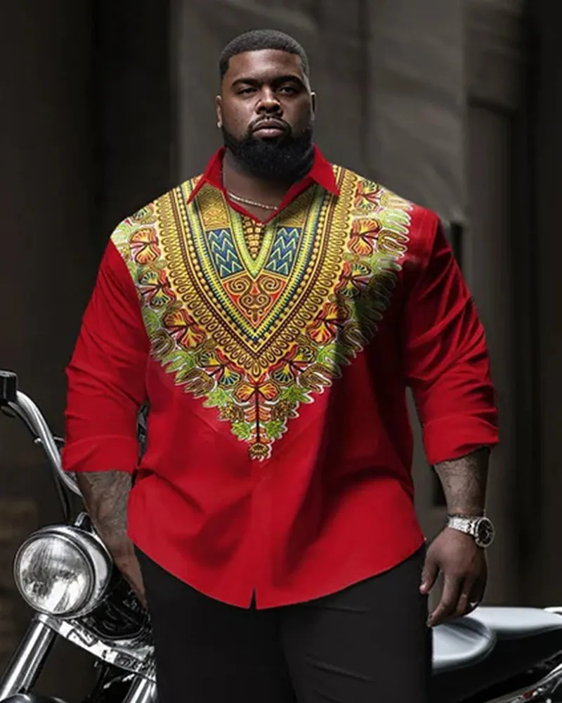 Big & Tall Men's Red African Collar Totem Print Long Sleeve Shirt Pants Set sold by Biggmans product image thumbnail 2