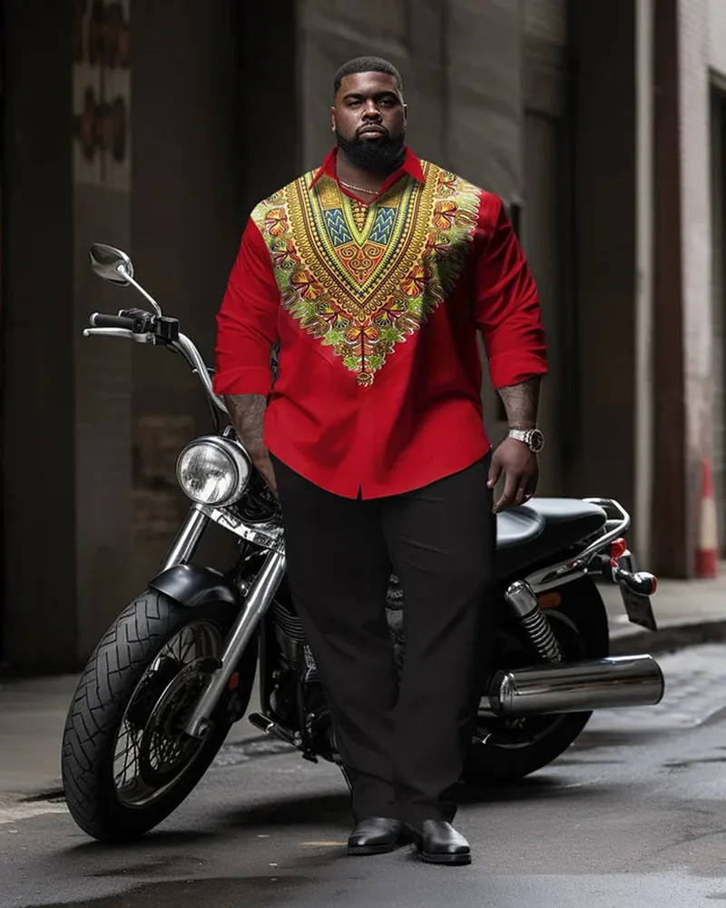 Big & Tall Men's Red African Collar Totem Print Long Sleeve Shirt Pants Set sold by Biggmans