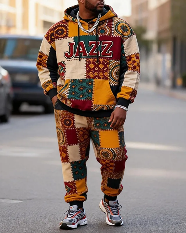 Big & Tall Men's JAZZ African Patchwork Print Hoodie Set sold by Biggmans