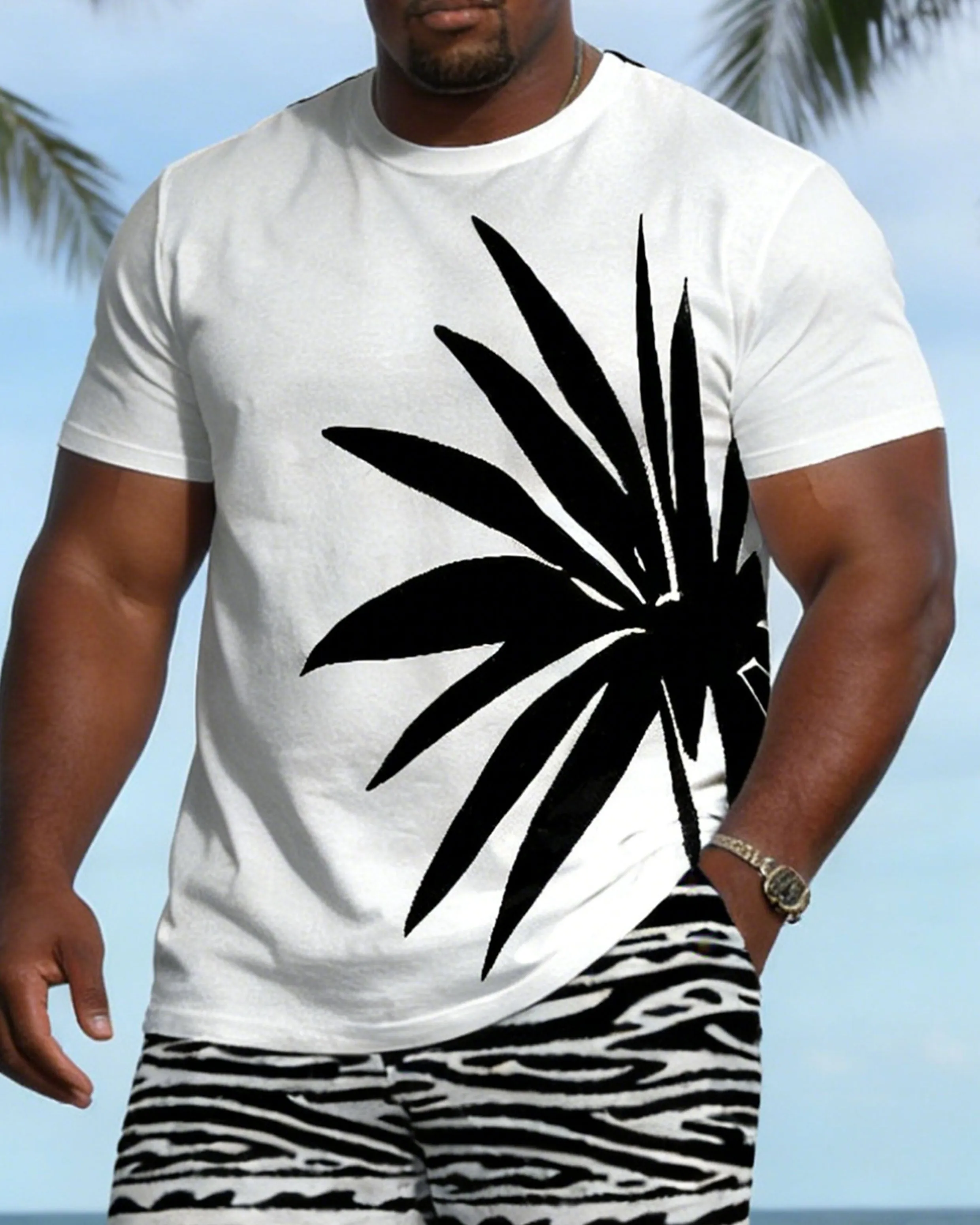 Big & Tall Spring And Summer New Valentine's Day Dating Party Party Holiday White Coconut Tree Silhouette Print Round Neck Short Sleeve T-Shirt Shorts Set Couple Dress sold by Biggmans product image thumbnail 5