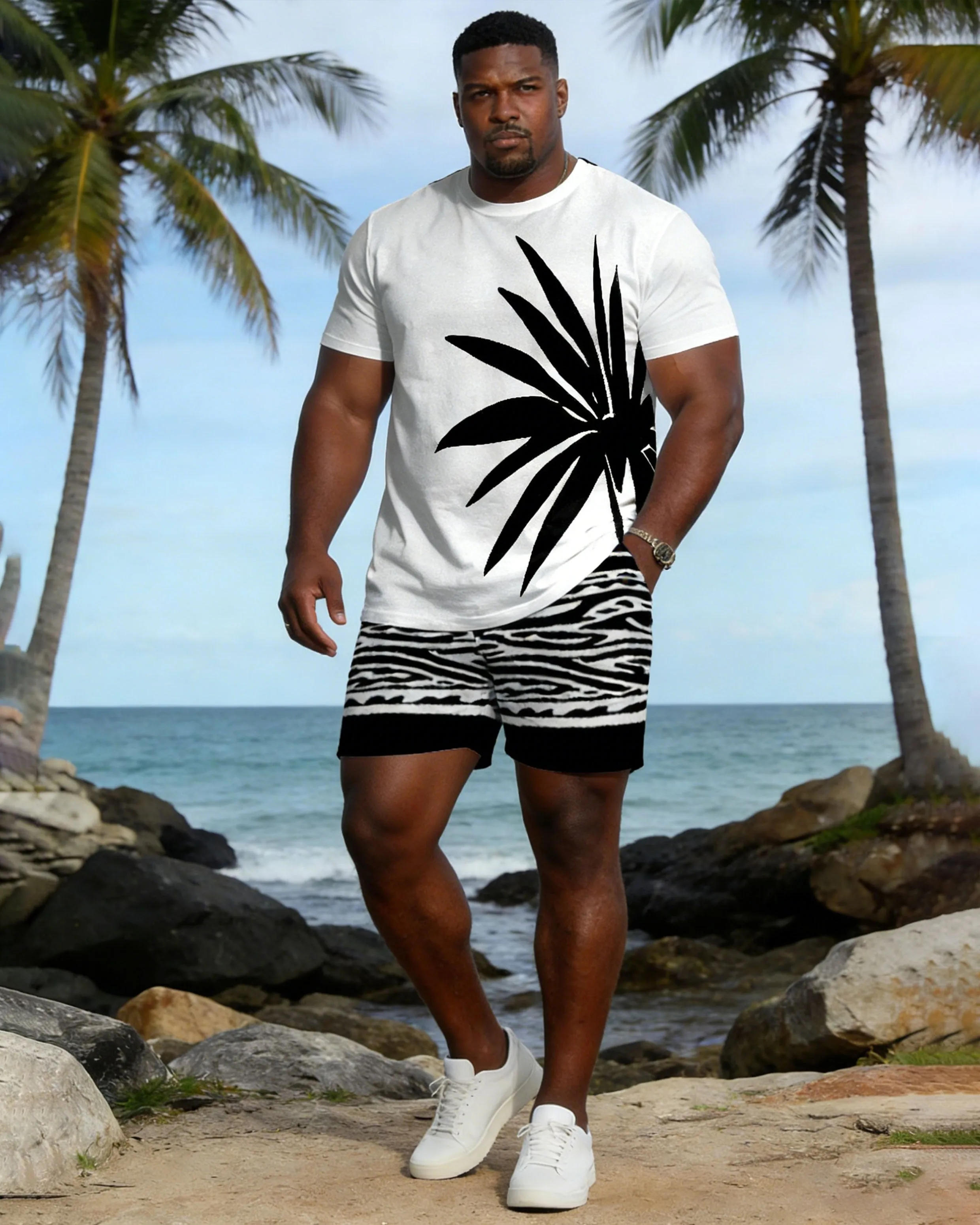 Big & Tall Spring And Summer New Valentine's Day Dating Party Party Holiday White Coconut Tree Silhouette Print Round Neck Short Sleeve T-Shirt Shorts Set Couple Dress sold by Biggmans product image thumbnail 3