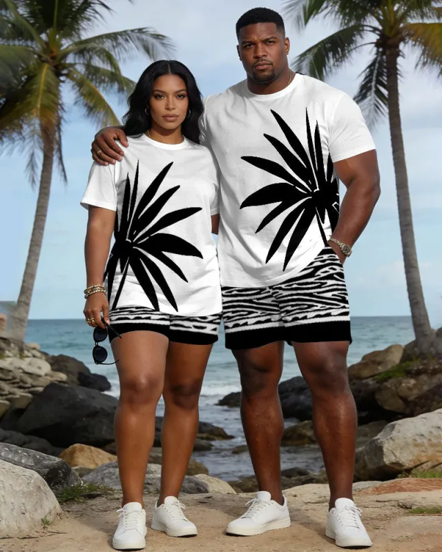 Big & Tall Spring And Summer New Valentine's Day Dating Party Party Holiday White Coconut Tree Silhouette Print Round Neck Short Sleeve T-Shirt Shorts Set Couple Dress made by Biggmans