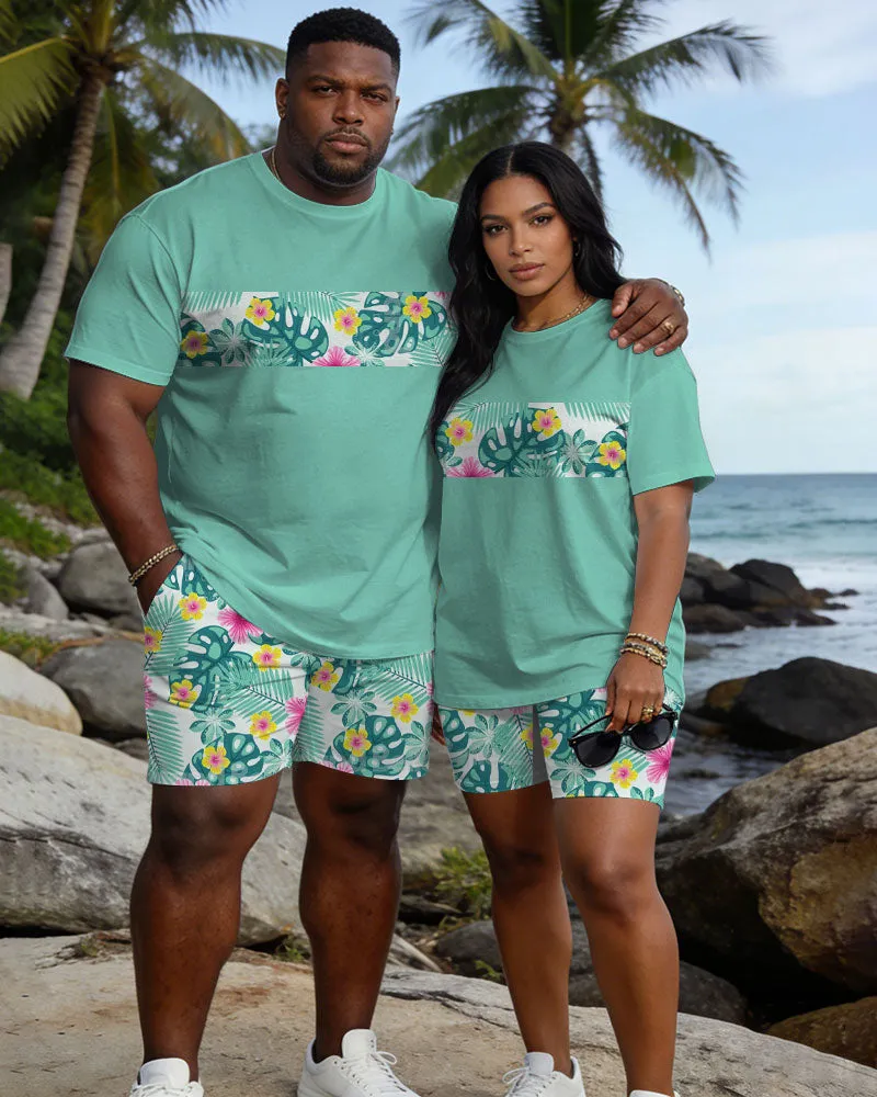 Big & Tall Spring And Summer New Valentine's Day Dating Party Party Holiday Floral Stitching Top Green Crewneck Short Sleeve T-Shirt Shorts Set Couple Dress sold by Biggmans