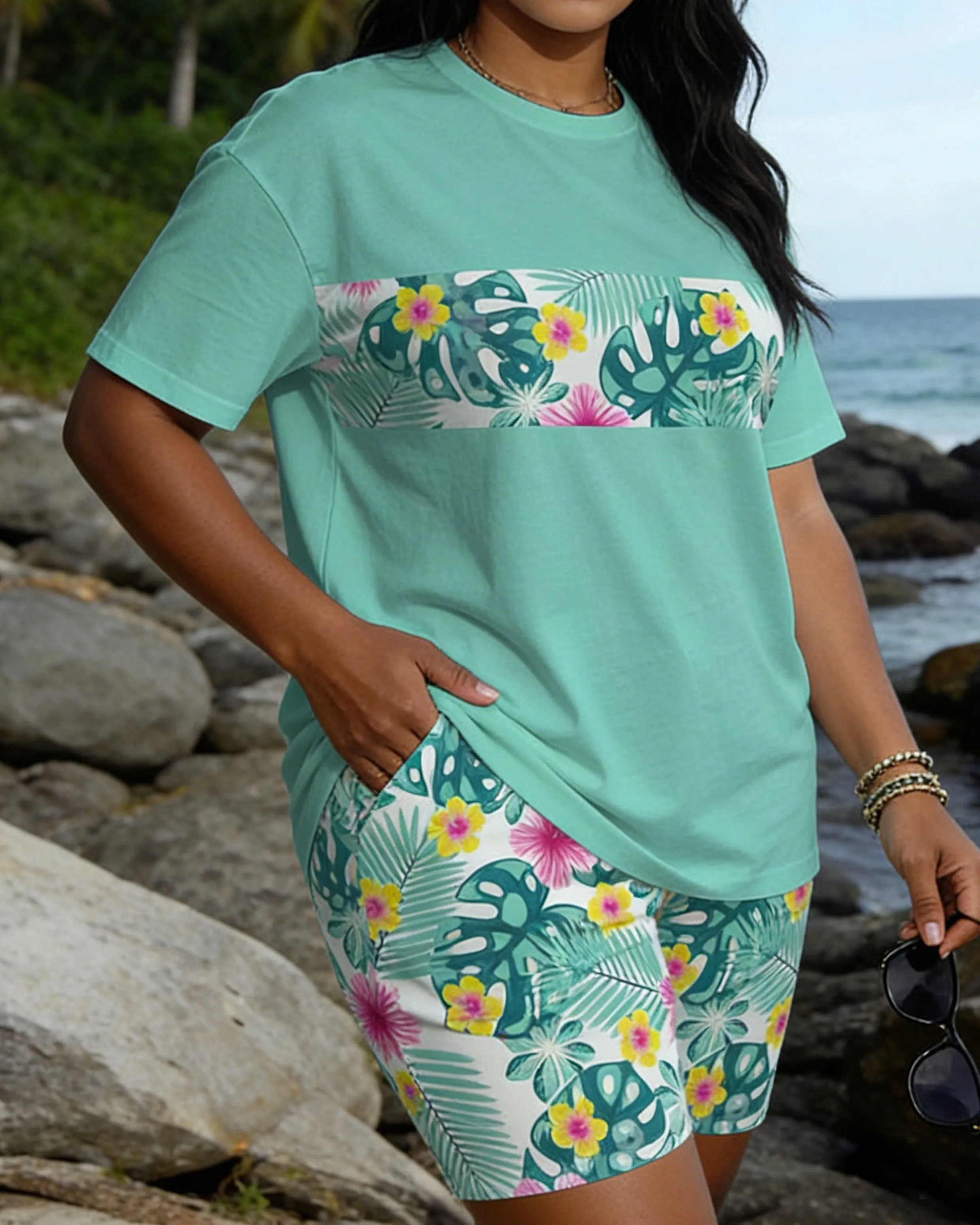 Big & Tall Spring And Summer New Valentine's Day Dating Party Party Holiday Floral Stitching Top Green Crewneck Short Sleeve T-Shirt Shorts Set Couple Dress sold by Biggmans product image thumbnail 4