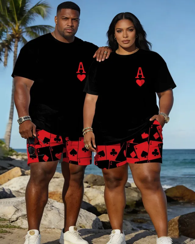 Big & Tall Spring And Summer New Valentine's Day Dating Party Party Vacation Poker Love A Chest Printing Round Neck Short Sleeve T-Shirt Shorts Set Couple Dress sold by Biggmans