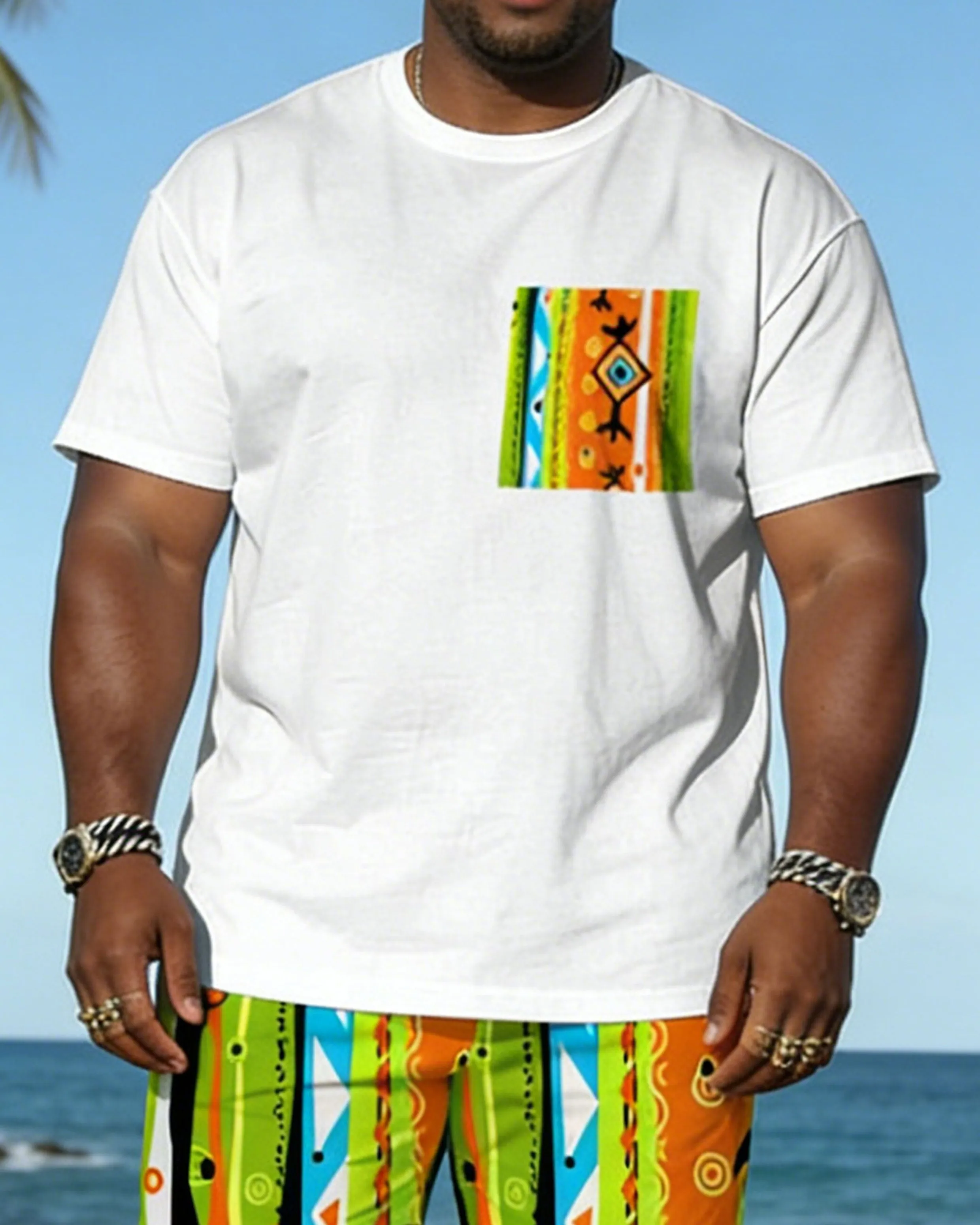 Big & Tall Spring And Summer New Valentine's Day Dating Party Party Holiday Multicolor Geometric Pattern Printed Crewneck Short Sleeve T-Shirt Shorts Set Couple Dress sold by Biggmans product image thumbnail 3