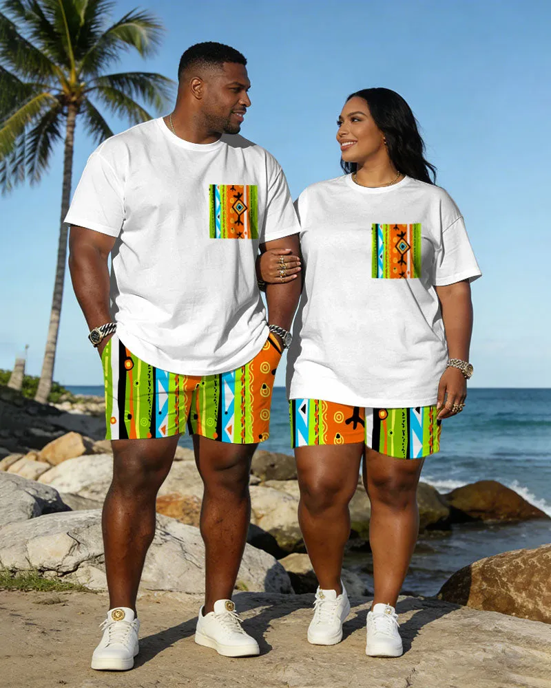 Big & Tall Spring And Summer New Valentine's Day Dating Party Party Holiday Multicolor Geometric Pattern Printed Crewneck Short Sleeve T-Shirt Shorts Set Couple Dress sold by Biggmans