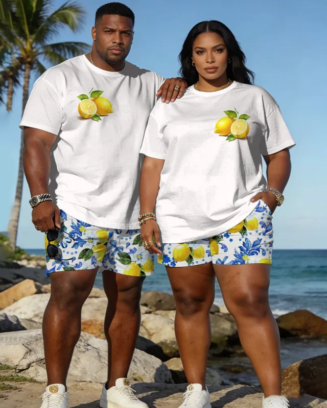 Big & Tall Spring And Summer New Valentine's Day Dating Party Party Vacation Lemon Sweet Love Print White Crewneck Short Sleeve T-Shirt Shorts Set Couple Dress made by Biggmans