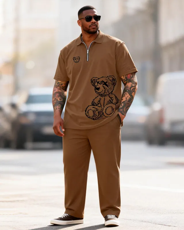 Big & Tall Men's Graffiti Bear Print Zipper Polo Short Sleeve Pants Set made by Biggmans