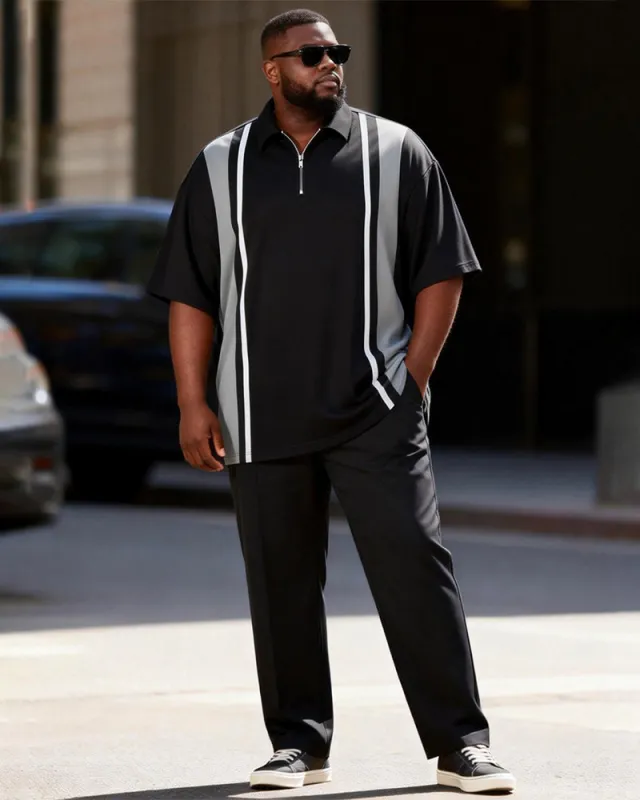 Big & Tall Men's Black And Grey Contrast Stripe Printed Zipper Polo Short Sleeve Pants Set made by Biggmans