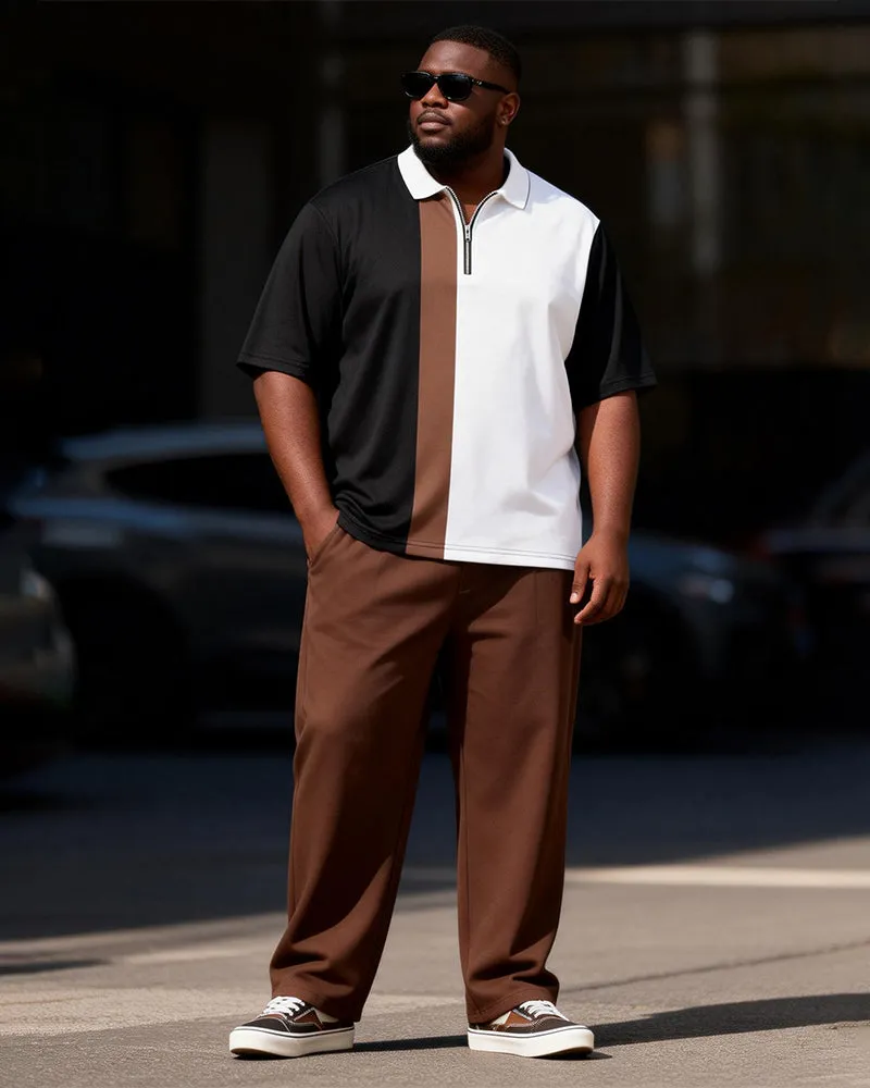 Big & Tall Men's Black And White Brown Stitching Printed Zipper Polo Short Sleeve Trousers Set sold by Biggmans